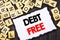 Word, writing, text Debt Free. Business concept for Credit Money Financial Sign Freedom From Loan Mortage written on Skicky Note