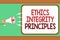Word writing text Ethics Integrity Principles. Business concept for quality of being honest and having strong moral Man holding me