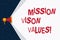 Word writing text Mission Vison Values. Business concept for planning for future improvement Career Right decisions.