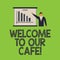 Word writing text Welcome To Our Cafe. Business concept for Greeting receiving showing in restaurant good attention Man