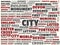 Wordcloud with the main word city and associated words, abstract illustration