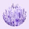 Wording march with purple hand drawn flowers in a circle, doodle elements, grass, leaves, flowers. Vector illustration