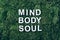 Words Body, mind, spirit and soul on moss, green grass background. Top view. Copy space. Banner. Biophilia concept