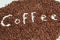 The words coffee written against scattered natural coffee