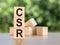 The words CSR, corporate social responsibility on cubes with a bunch of wooden cubes on the background. Business concept