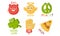 Words and Cute Cartoon Characters with Funny Faces, Bad, Good, Peace, Luck, Hi, Pizza Vector Illustration