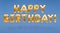 Words HAPPY BIRTHDAY made of golden inflatable balloons floating on blue background. Gold foil helium balloons forming phrase.