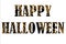 Words Happy Halloween written in black and golden on a white background. Seasonal banner on white background