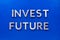 The words invest future laid with silver metal characters on blue painted wooden board in central flat lay composition