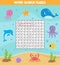 Words search puzzle for children. Set of sea animals