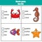 Words test educational game for children. Sea animals theme