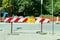 Work ahead street reconstruction site with sign and fence as road barricade