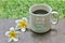 Work hard, stay humble. Inspirational motivational quote on white cup of morning coffee and flowers on green and wooden table.
