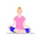 Work from home concept. Bare foot young girl doing yoga. Vector illustration. Flat cartoon style. Blonde woman sitting on the floo