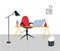Work from home concept. Organized workplace with red swivel chair, desk with laptop, modern stanging lamp and paper