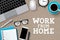 Work from home desk vector background. Work from home text with remote online business elements
