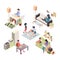 Work at home isometric. People working at laptop sitting on comfortable places freelancers remote garish vector set