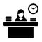 Work icon vector female person avatar symbol with table for office occupation in flat color glyph pictogram