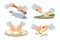 Work in the kitchen, clipart set. Hands peel potatoes, cut onions, cook fish, make pies. Food illustration