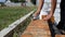 Work lays bricks on a construction site on open air