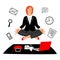 Work meditation vector concept. Businesswoman keeps calm on work place