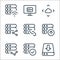Work office server line icons. linear set. quality vector line set such as server storage, verified, networking, file upload, link
