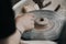 Work in a pottery workshop. close-up of hands and potter`s wheel