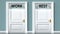 Work and rest as a choice - pictured as words Work, rest on doors to show that Work and rest are opposite options while making