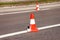 Work on road. Construction cones. Traffic cone, with white and o