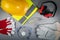 Work safety items of construction industry on gray background