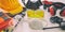 Work safety protection equipment background. Industrial protective gear on white