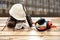 Work safety protection equipment. Industrial protective gear on wooden table, blur construction site background