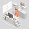 Work Space Isometric Flat Style. Business People Working On An Office Desk.
