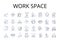 Work space line icons collection. Living room, Dining table, Kitchen counter, Bedroom loft, Study nook, Reading corner