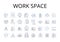 Work space line icons collection. Living room, Dining table, Kitchen counter, Bedroom loft, Study nook, Reading corner