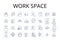 Work space line icons collection. Living room, Dining table, Kitchen counter, Bedroom loft, Study nook, Reading corner