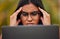 Work, stress and burnout, woman in glasses at computer reading spam email, glitch or 404 error. Girl from Mexico