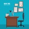 Work time desk chair lamp book laptop certificate wall