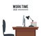 Work time desk chair laptop lamp poster