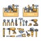 Work tools icons - toolbox, puncher, drill, wrench, plane, saw  and construction tools kit