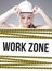Work zone sign on information poster, worker woman