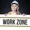 Work zone sign on template board, worker woman