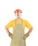 Worker in apron and plastic mask.