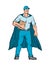 Worker as a Superhero Wearing a Cape and Holding a Clipboard Standing Viewed from Front Cartoon Style