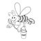 A worker bee flies with a spoon & a bucket of honey, a funny character with a smile