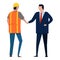 worker and boss deal handshake congratulate labor deal employment issue project construction with helmet protection