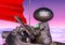 Worker bot is seiling in a floating boat on another planet close up