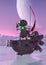 Worker bot is seiling in a floating boat on a frozen lake in another planet