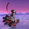 Worker bot is seiling in a floating boat on a frozen lake in another planet rear view