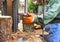 Worker chopping firewood with a machine